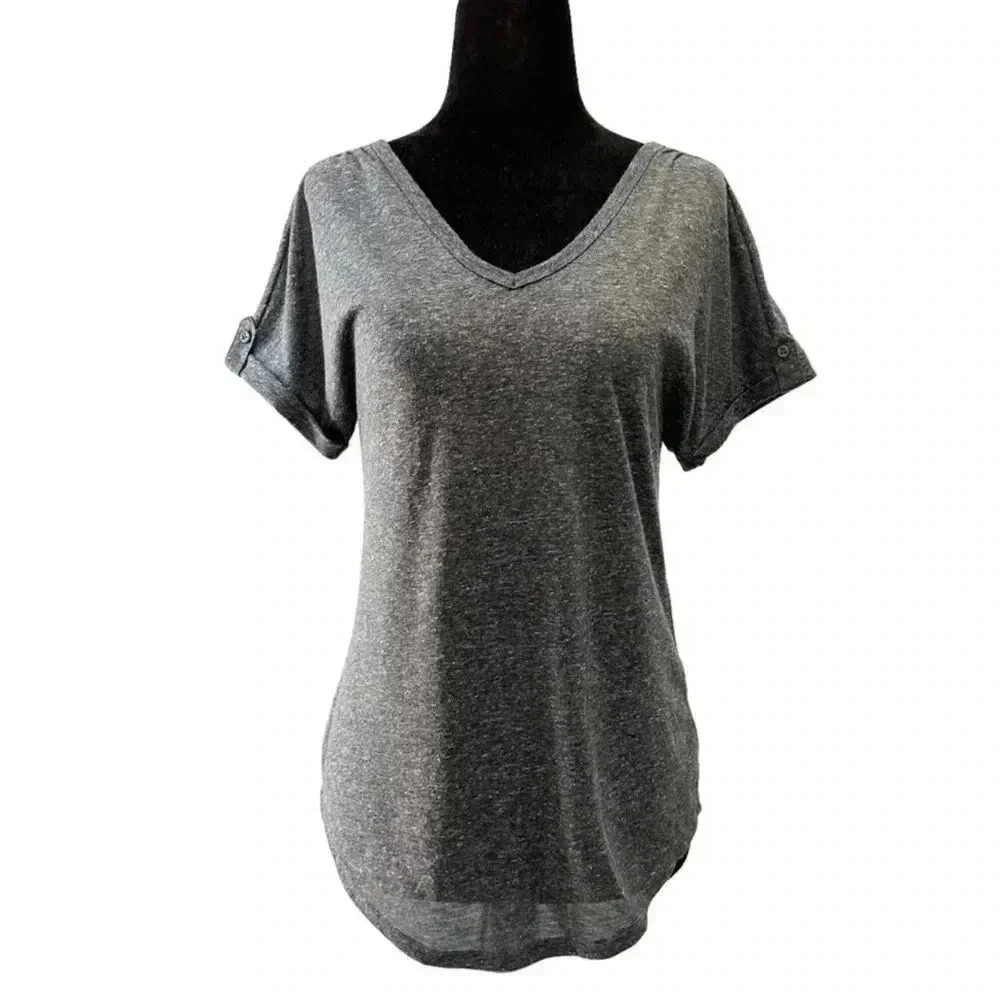Ricki’s Linen Blend T-Shirt Loose Fit V Neck Short Sleeves Charcoal Grey Side XS